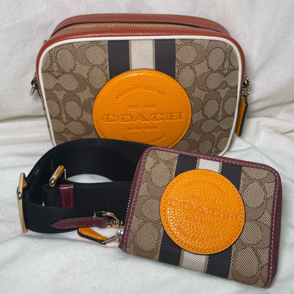Coach Tan and Orange Signature Bag and Wallet Set